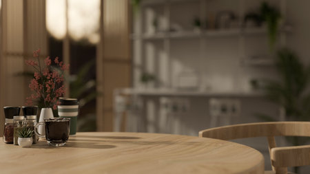 A display space with a coffee cup, spice bottles, and a flower vase arranged on a wooden table in a modern, minimal cafe. close-up image. 3d render, 3d illustrationの写真素材