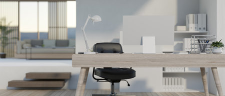 A modern white home office workspace with a computer desk and decor. back view. 3d render, 3d...