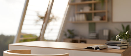 A minimal wooden office desk or work table in a cozy Scandinavian home office or living room with an amazing large glass window. 3d render, 3d illustrationの写真素材
