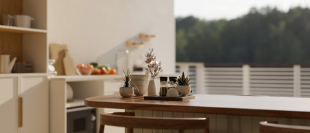 A close-up image of a modern minimal wooden kitchen island in a contemporary white kitchen. 3d...