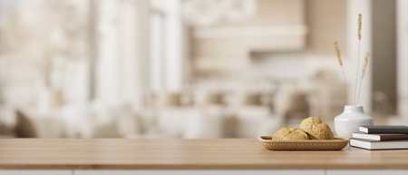 A minimal hardwood tabletop with a bread basket, book, a ceramic vase, and a copy space for display...