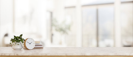 A luxury white marble tabletop with a clock, books, a potted plant, and a copy space for display...