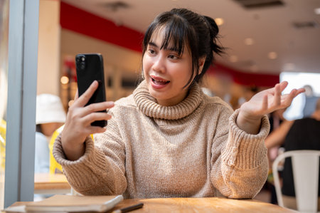 A happy Asian woman in a comfy sweater talking on a video call on her smartphone with her friend...