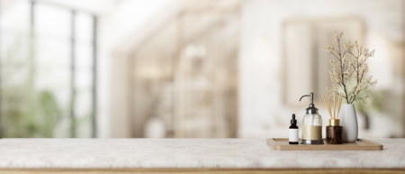A spa set and a presentation space for displaying products on a white marble tabletop with a blurred background of a contemporary, spacious bathroom. 3d render, 3d illustrationの写真素材