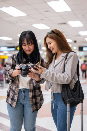 Two cheerful Asian female friends travelers passengers is talking while walking in the airport,...