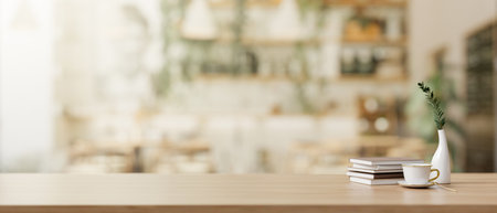 A presentation space on a wooden desk features books, a coffee cup, and a ceramic vase in a...