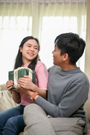A lovely Asian husband surprises his beloved wife by giving a present gift box while they sit together on a couch in the living room. caring and loving conceptsの写真素材
