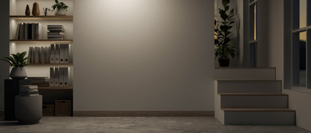 The interior design of a modern, minimalist home corridor at night with a white wall, wall...