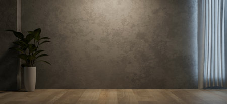 The interior design of a modern loft industrial room features a houseplant, a parquet floor, and a cement loft wall. empty room concept. 3d render, 3d illustrationの写真素材