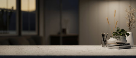 A presentation space on a table features books, a decorative plant, and flower vases in a modern dark room with dim light. 3d render, 3d illustrationの写真素材