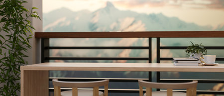 A space for displaying products on a wooden table by the railing on the balcony with a beautiful...