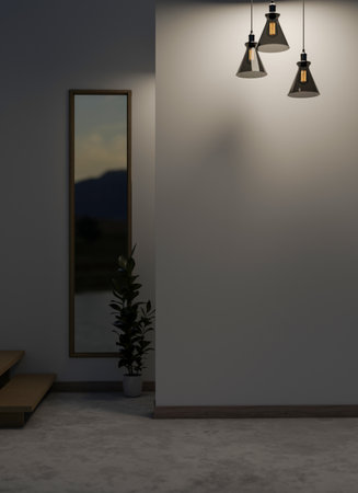 The interior design of a contemporary home corridor at night with dim light from modern pendant...