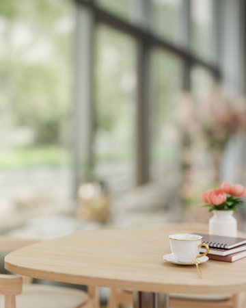 A space for display products on a wooden table in a beautiful contemporary coffee shop. close-up image. 3d render, 3d illustrationの写真素材