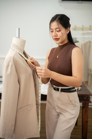 A professional and confident Asian female tailor or fashion designer is working in her studio, adjusting her clothing patterns and measuring sizes with a measuring tape on a tailor dummy.の写真素材