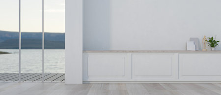 The interior design showcases a modern, white, empty room featuring a wall with white moulding, a parquet floor, and a window offering a view of the lake. 3d render, 3d illustrationの写真素材