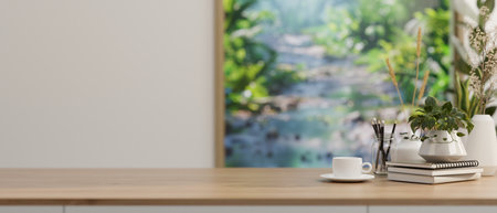 A close-up image of an empty space on a wooden tabletop with objects in a modern room with a...