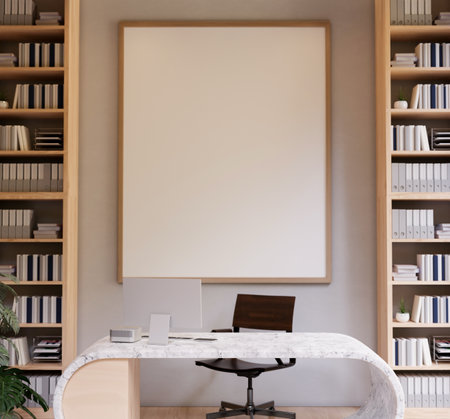 The interior design of a fashionable contemporary private office or CEO office features a modern marble computer desk, large bookshelves, and a blank frame mockup on a wall. 3d render, 3d illustrationの写真素材