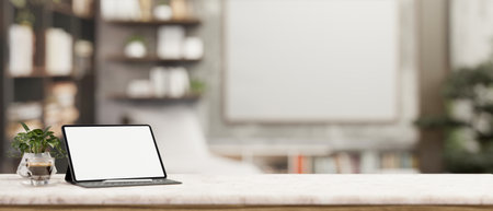 A digital tablet white-screen mockup on a white marble tabletop in a contemporary office room. workspace close-up image. 3d render, 3d illustrationの写真素材