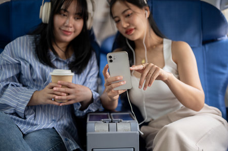 Two happy young Asian female friends passengers are listening to music, watching a video on a...