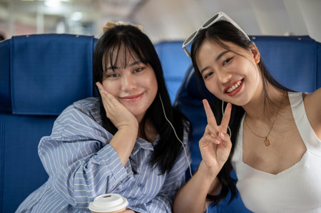 Two happy Asian female passengers are showing a peace sign with two fingers while taking a selfie together during the flight for their summer vacation trip. girls trip, tourist, traveller, friendshipの写真素材