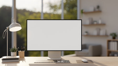 A white-screen PC computer mockup and accessories on a minimalist wooden table in a Scandinavian simplicity home office. place of work concept. 3d render, 3d illustrationの写真素材