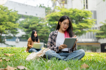 A young Asian female student is sitting on the grass in a park, studying with a tablet, while another student is in the background, also using a laptop, enjoying outdoor learning. university lifeの写真素材