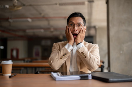 A surprised, unexpected Asian millennial businessman holds his face in shock, mouth wide open, and eyes widened, sits at a table with papers in a building corridor.の写真素材