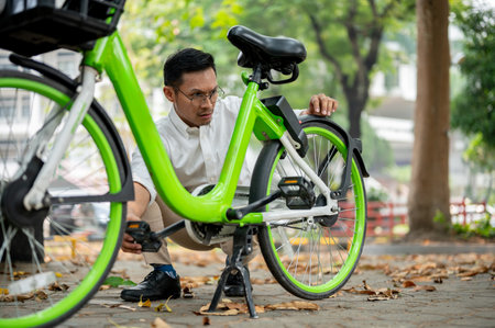 A focused Asian millennial businessman inspects his bicycle tire in a park, encountering an issue during his commute, fixing his bike during heading to work in the morning. people and transportationの写真素材