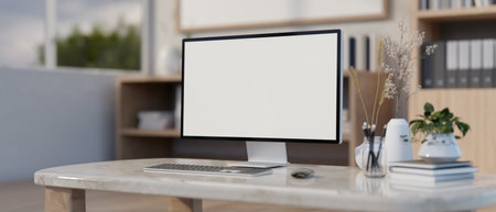 A computer white-screen mockup on a luxury marble table in a modern office or home office. place of work, workspace, 3d render, 3d illustrationの写真素材