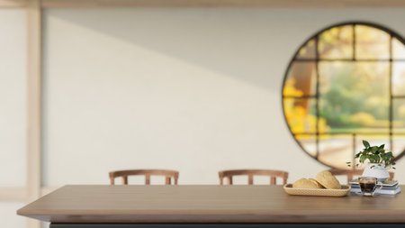 A space for display products on a wooden dining table in a contemporary traditional Japanese dining room features a round window and a white wall. 3d render, 3d illustrationの写真素材
