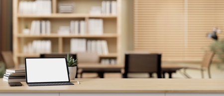 A close-up image of a digital tablet white-screen mockup on a wooden desk in a contemporary office or meeting room. place of work concept. 3d render, 3d illustrationの写真素材