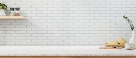 A white kitchen tabletop features a bread basket, a chopping board, a coffee cup, a flower vase, and a display space to showcase the products against the white brick wall. 3d render, 3d illustrationの写真素材