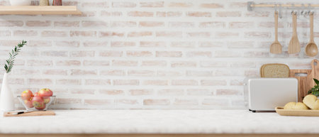A display space on a white kitchen tabletop with a toaster, minimalist kitchen utensil, and decor against the brick wall. minimal farmhouse kitchen. close-up image. 3d render, 3d illustrationの写真素材