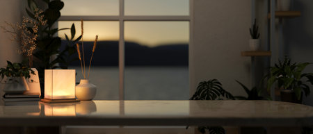 A close-up image of a copy space for displaying products on a coffee table with dim light from a table lamp in a contemporary living room at night. 3d render, 3d illustrationの写真素材