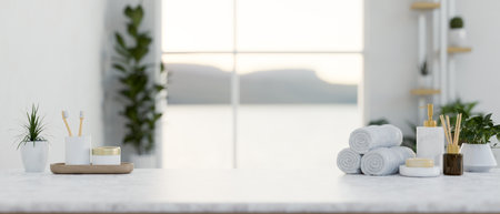 A luxury white marble tabletop features toiletries, towels, potted plants, and a copy space for displaying products in a modern white bathroom with a large window. 3d render, 3d illustrationの写真素材