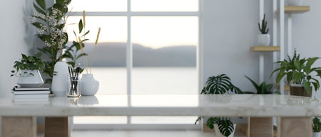 A close-up image of a space for displaying products on a coffee table surrounded by indoor houseplants in a minimal contemporary room. 3d render, 3d illustrationの写真素材