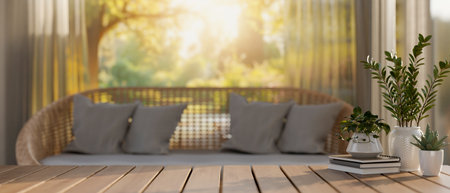 A close-up image of a space for displaying products on a wooden coffee table in a beautiful, cozy Scandinavian living room featuring a wicker couch against the window. 3d render, 3d illustrationの写真素材