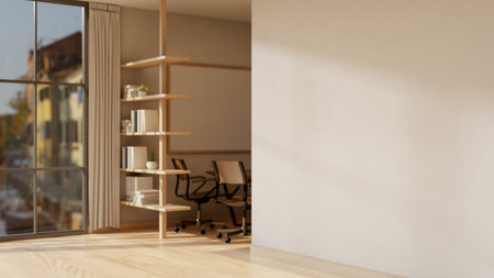 The interior design of a contemporary office corridor with a meeting room features a bookshelf, a...