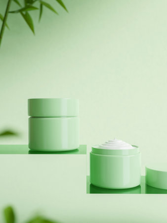 Two green jar of cream on pedestal on green background with green leaf. organic beauty products on green background. body treatment, spa products. 3d render, 3d illustrationの写真素材