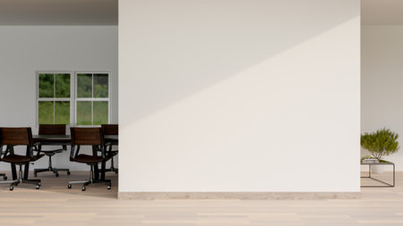 A bright simple, minimalist office corridor features a parquet floor, a white empty wall mockup, and...