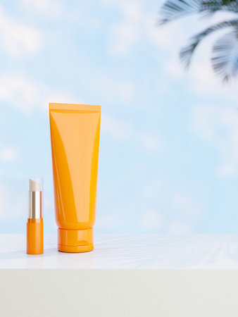 A lotion tube mockup in orange color and a lipstick on a white pedestal with a blue sky in the...