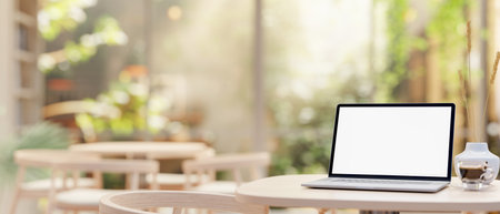 A laptop computer with a white-screen mockup, a coffee cup and a ceramic vase on a table in a beautiful, comfortable coffee shop seating area with sunbeam through the window 3d render, 3d illustrationの写真素材