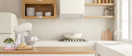 A dough kneading mixer blender on a wooden kitchen island in a contemporary minimalist kitchen. a close-up image with copy space, 3d render, 3d illustrationの写真素材