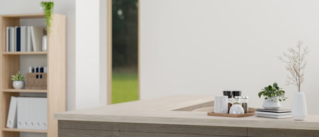 A close-up image of a counter desk in a contemporary, minimalist room. office entrance, home dining room, 3d render, 3d illustrationの写真素材