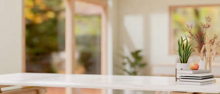A close-up image of a white tabletop features decorative objects and a copy space for display products with a blurred background of a minimalist room. 3d render, 3d illustrationの写真素材