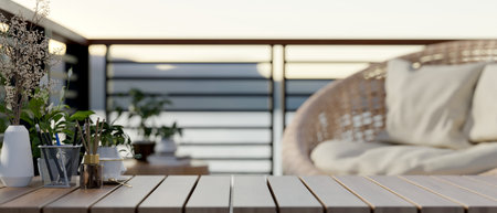 A close-up image of a space for displaying products on a wooden coffee tabletop on a home balcony....