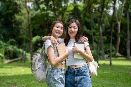 Two lovely young Asian female best friends in casual clothes and backpacks are hugging or wrapping their arms around each other's shoulders while walking in the park together. friendship conceptの写真素材