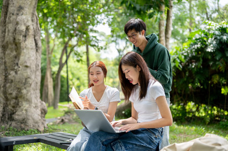 A group of happy young Asian college students is discussing their project together, sharing their ideas, using a laptop, working together at a bench in the park. education and friendship conceptsの写真素材