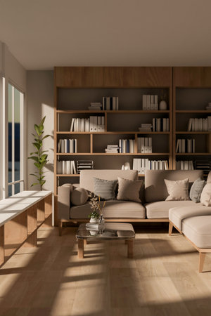 The interior design of a contemporary luxurious living room features a comfortable couch, a coffee table, a large bookshelf, home decor, and sunlight from the window. 3d render, 3d illustrationの写真素材