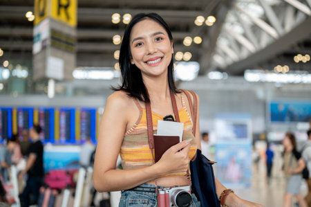 An attractive, smiling young Asian female tourist passenger with her belongings and passport is standing in the airport terminal. traveling, vacation, lifestyle, transportationの写真素材